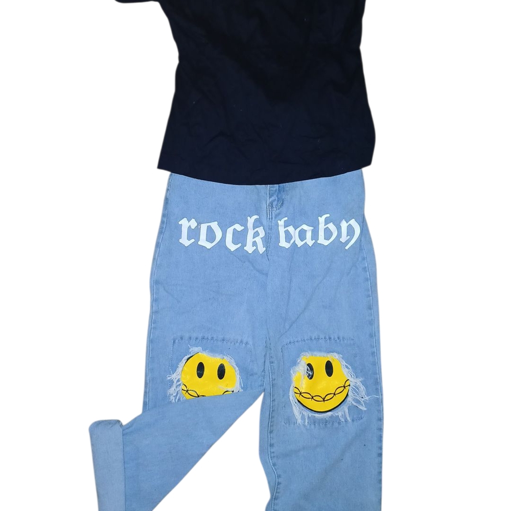 SHEIN Blue Flare Jeans with Yellow Smiley Patches